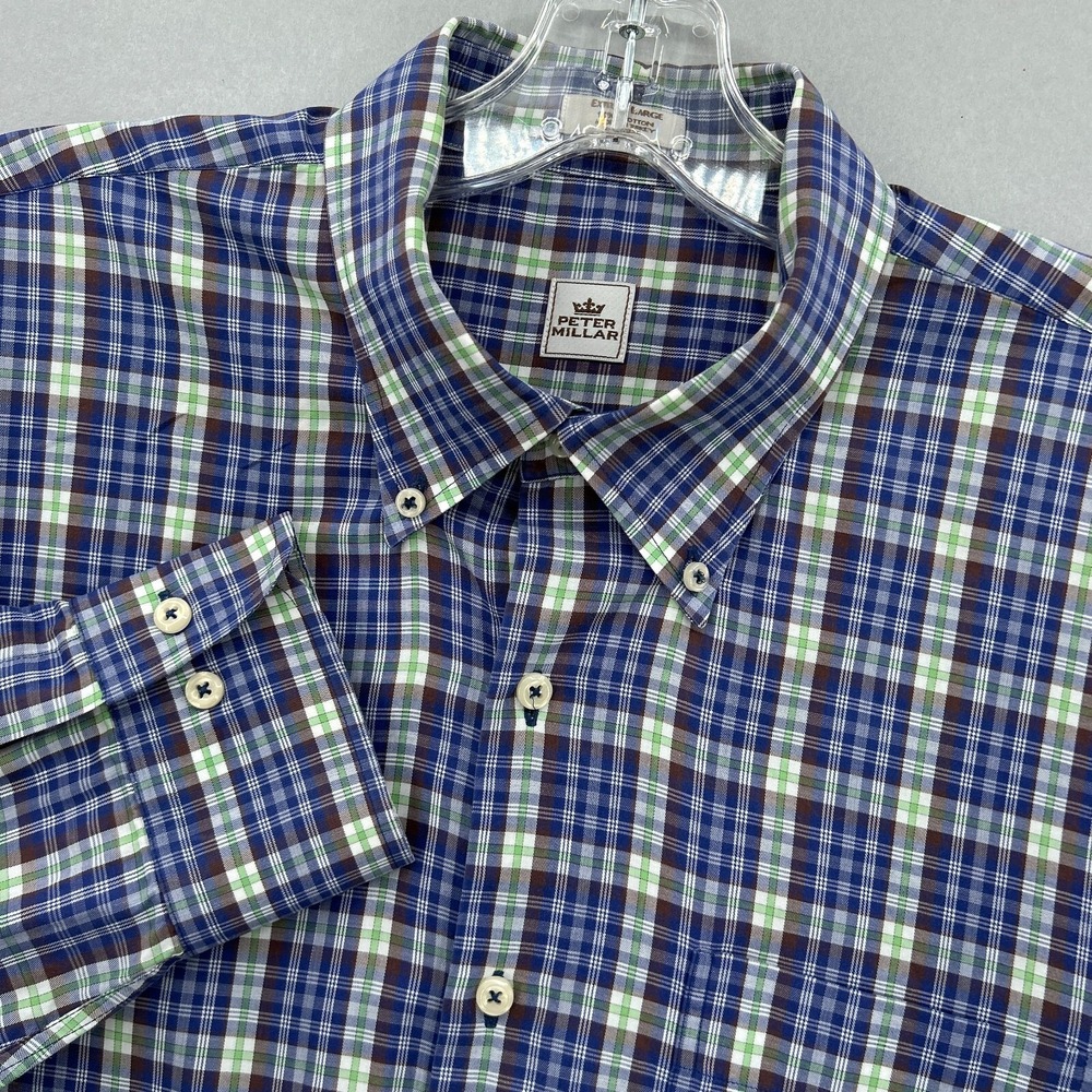 Peter Millar Shirt Mens XL‎ Blue Green Brown Plaid Button Down Tartan Casual